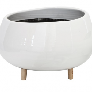 White Ceramic Planter w/ wood feet large