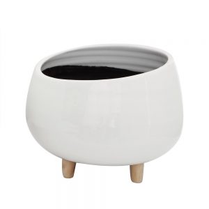 Small White Ceramic Planter W/ Wood Feet