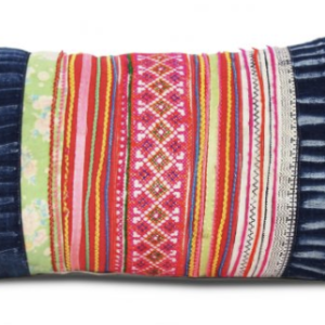Pink, Red and Indigo Embroidered Lumbar Pillow